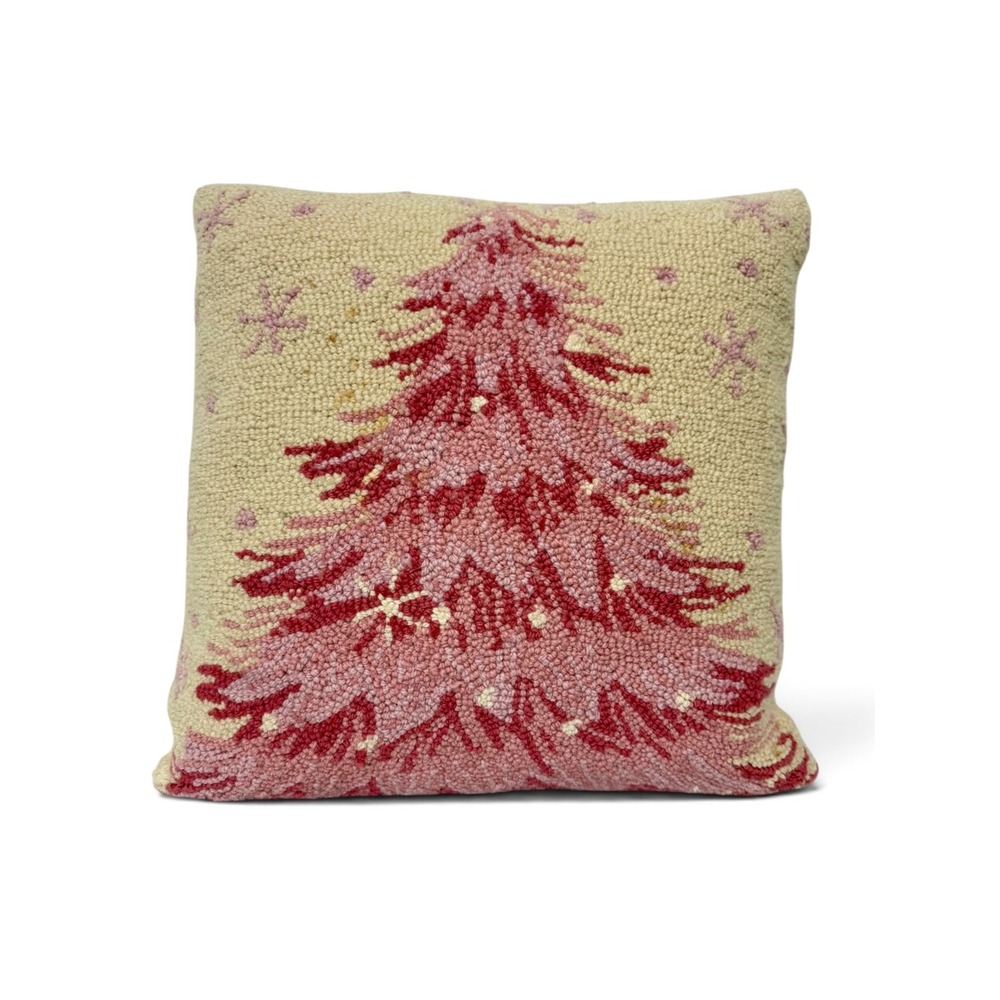 Peking Handicraft Pink Christmas Tree Hand Hooked Wool Pillow Velvet Back 18x18